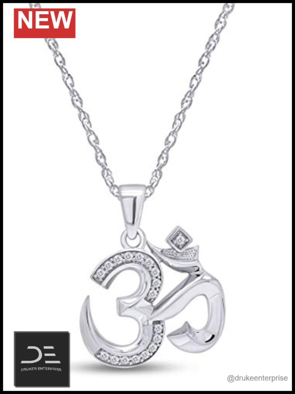 Om Aum Symbol Pendant Necklace 925 Sterling Silver 18" Rope Chain CZ
